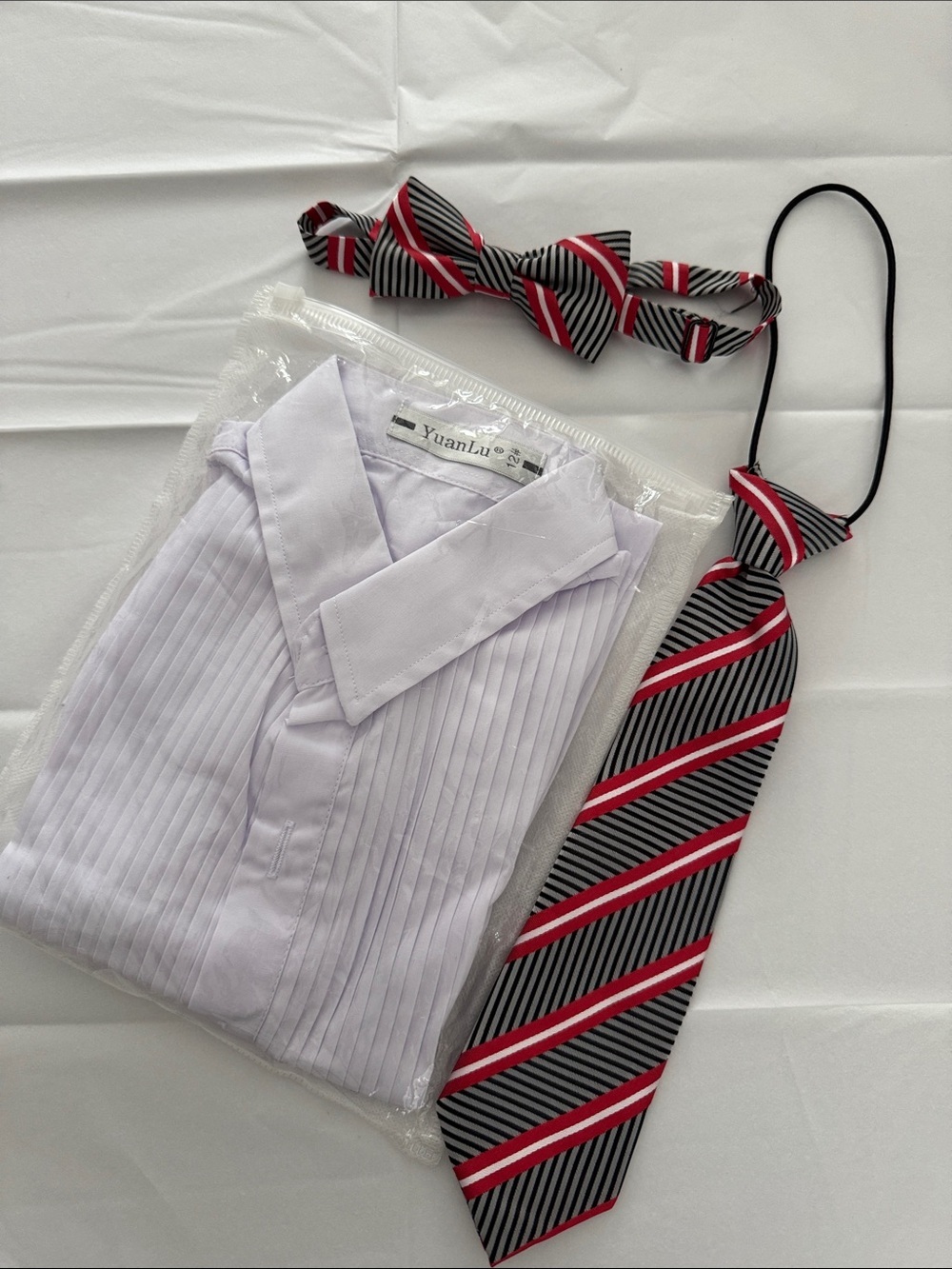 YOUTH BOYS WHITE TUXEDO BUTTON DOWN DRESS SHIRT SIZE 12,  TIE & BOW TIE- NEW